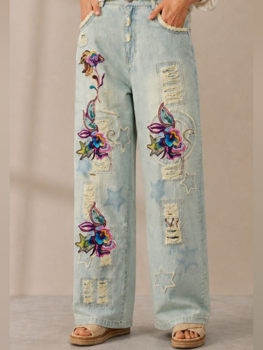 Paper Lace Peace & Flower Embroidered Patchwork Boho Jeans L NWT